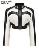 DEAT Fashion Sieviešu PU ādas jakas Stand Cllar Garām piedurknēm Līgums Krāsa Burtu Druka Īss Mētelis Rudens 2023 Jauns 17A9676