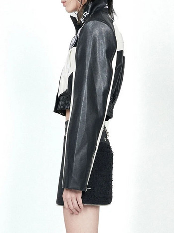 DEAT Fashion Γυναικεία δερμάτινα μπουφάν PU Stand Cllar μακρυμάνικα συμβόλαιο Έγχρωμη στάμπα κοντό παλτό Φθινόπωρο 2023 Νέο 17A9676