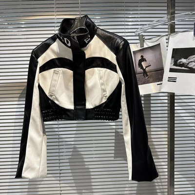 DEAT Fashion Sieviešu PU ādas jakas Stand Cllar Garām piedurknēm Līgums Krāsa Burtu Druka Īss Mētelis Rudens 2023 Jauns 17A9676