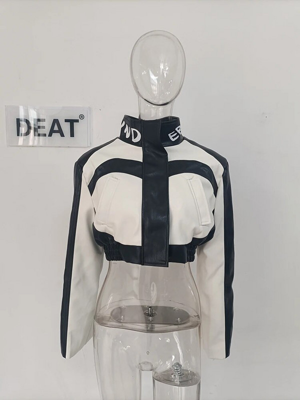 DEAT Fashion Sieviešu PU ādas jakas Stand Cllar Garām piedurknēm Līgums Krāsa Burtu Druka Īss Mētelis Rudens 2023 Jauns 17A9676