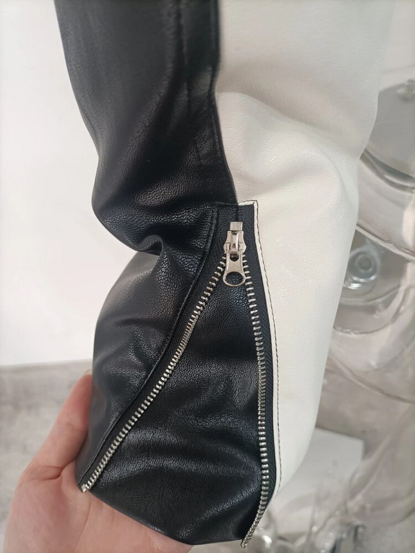 DEAT Fashion Sieviešu PU ādas jakas Stand Cllar Garām piedurknēm Līgums Krāsa Burtu Druka Īss Mētelis Rudens 2023 Jauns 17A9676