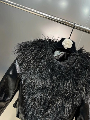 DEAT Fashion Γυναικείο κοντό παλτό 2023 Φθινοπωρινό φερμουάρ Πέτο Faux Lamb Hair Patchwork Γυαλιστερό μακρυμάνικο μπουφάν Φθινόπωρο 11XX6155