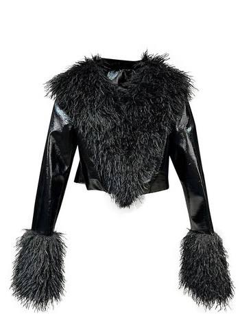 DEAT Fashion Γυναικείο κοντό παλτό 2023 Φθινοπωρινό φερμουάρ Πέτο Faux Lamb Hair Patchwork Γυαλιστερό μακρυμάνικο μπουφάν Φθινόπωρο 11XX6155