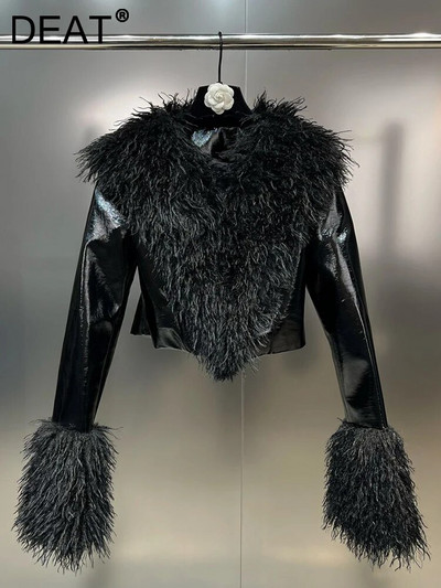 Модно дамско късо палто DEAT 2023, есенно есенно яке с цип и ревер, изкуствена агнешка коса, пачуърк, лъскаво есенно яке с дълъг ръкав 11XX6155