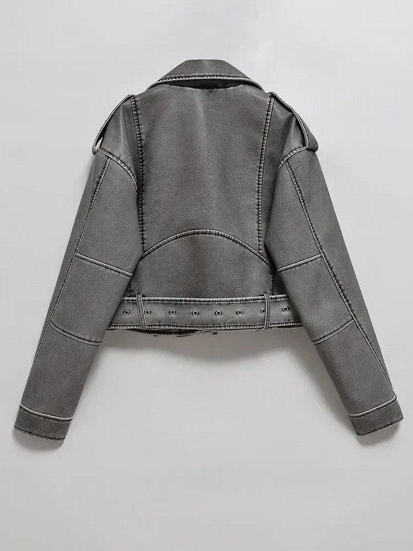 Kmetram Ženska Vintage široka isprana kratka jakna od umjetne kože Ulična odjeća Ženski remen s patentnim zatvaračem Moto Biker Retro Kaput Gornja odjeća