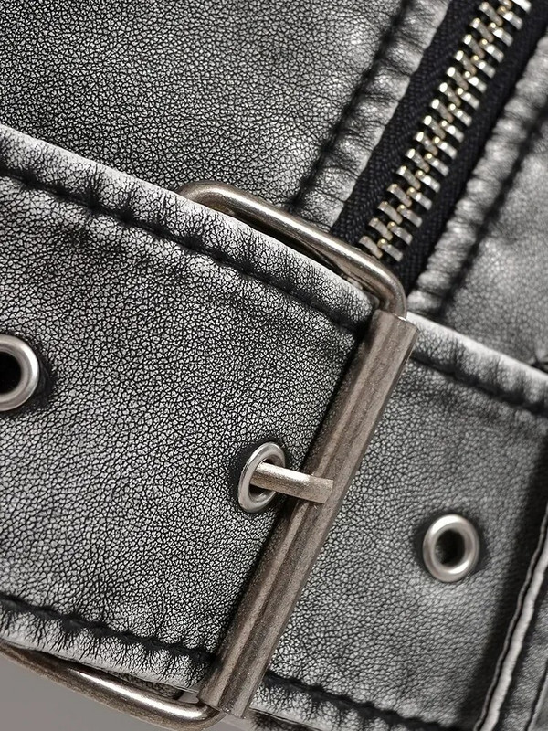 Kmetram Ženska Vintage široka isprana kratka jakna od umjetne kože Ulična odjeća Ženski remen s patentnim zatvaračem Moto Biker Retro Kaput Gornja odjeća