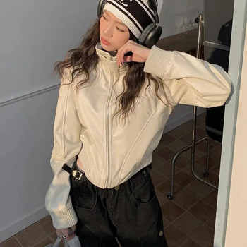 GIDYQ American Retro PU Δερμάτινο κοντό μπουφάν Γυναικείο Y2K Streetwear Casual μακρυμάνικο μπουφάν μοτοσικλέτας γιακά με φερμουάρ