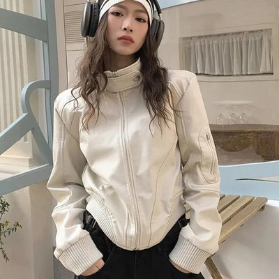 GIDYQ Ameerika retro PU-nahast lühike jope naiste Y2K tänavarõivad vabaaja pikkade varrukatega mootorratta jope, krae, tõmblukuga mantlid