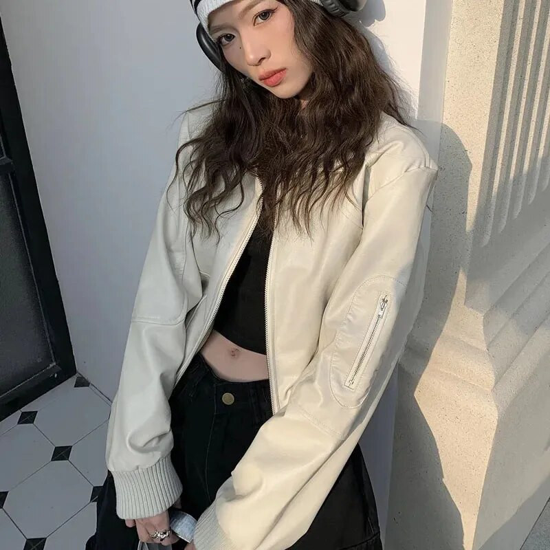 GIDYQ Ameerika retro PU-nahast lühike jope naiste Y2K tänavarõivad vabaaja pikkade varrukatega mootorratta jope, krae, tõmblukuga mantlid