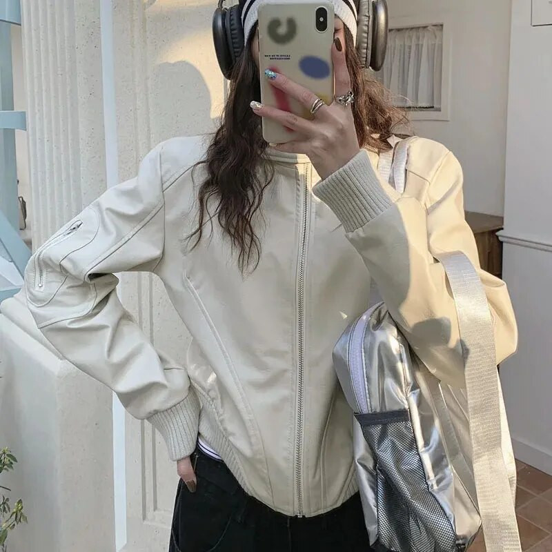 GIDYQ Ameerika retro PU-nahast lühike jope naiste Y2K tänavarõivad vabaaja pikkade varrukatega mootorratta jope, krae, tõmblukuga mantlid