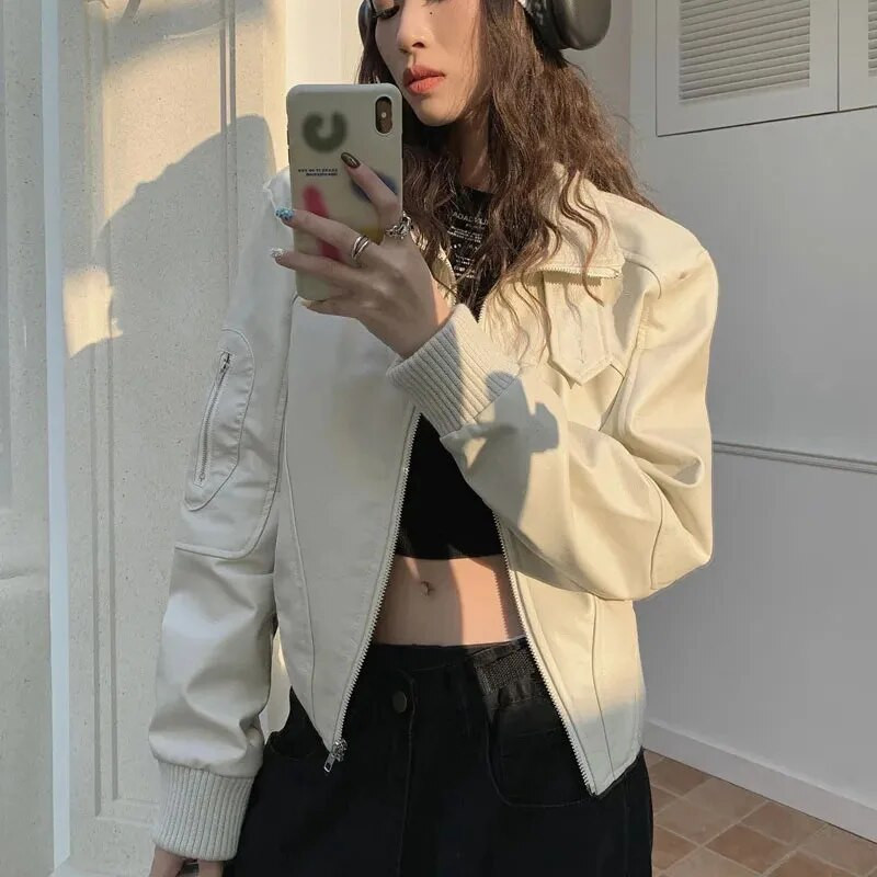 GIDYQ Ameerika retro PU-nahast lühike jope naiste Y2K tänavarõivad vabaaja pikkade varrukatega mootorratta jope, krae, tõmblukuga mantlid