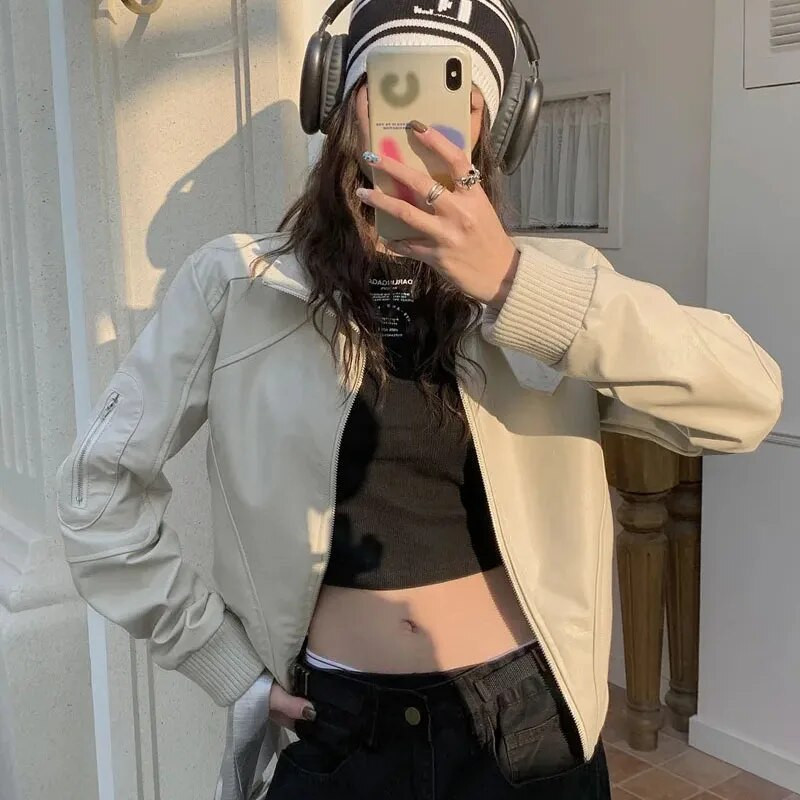 GIDYQ Ameerika retro PU-nahast lühike jope naiste Y2K tänavarõivad vabaaja pikkade varrukatega mootorratta jope, krae, tõmblukuga mantlid