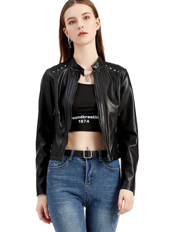 Uus Naistele Sring Sügis Must Kunstnahast jakid Tõmblukuga neet Lühike Basic Mantel Mood Õhuke Naiste Motor Biker Pu Jope