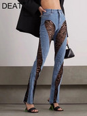 DEAT Fashion Γυναικεία τζιν ψηλή μέση αντίθεση χρώματος μαύρη δαντέλα συνονθύλευμα Slim τζιν παντελόνι μολύβι Καλοκαίρι 2023 New Tide 17A8726