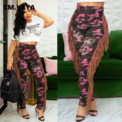 CM.YAYA Moteriški kamufliažiniai kutai, šoniniai sujungimai, užtrauktukas, suplėšyti džinsai, elegantiški madingi džinsiniai kelnės kelnės