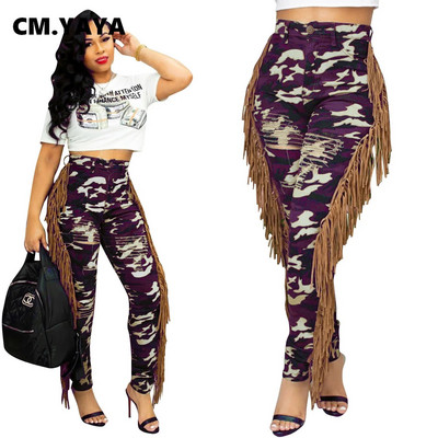 CM.YAYA Moteriški kamufliažiniai kutai, šoniniai sujungimai, užtrauktukas, suplėšyti džinsai, elegantiški madingi džinsiniai kelnės kelnės