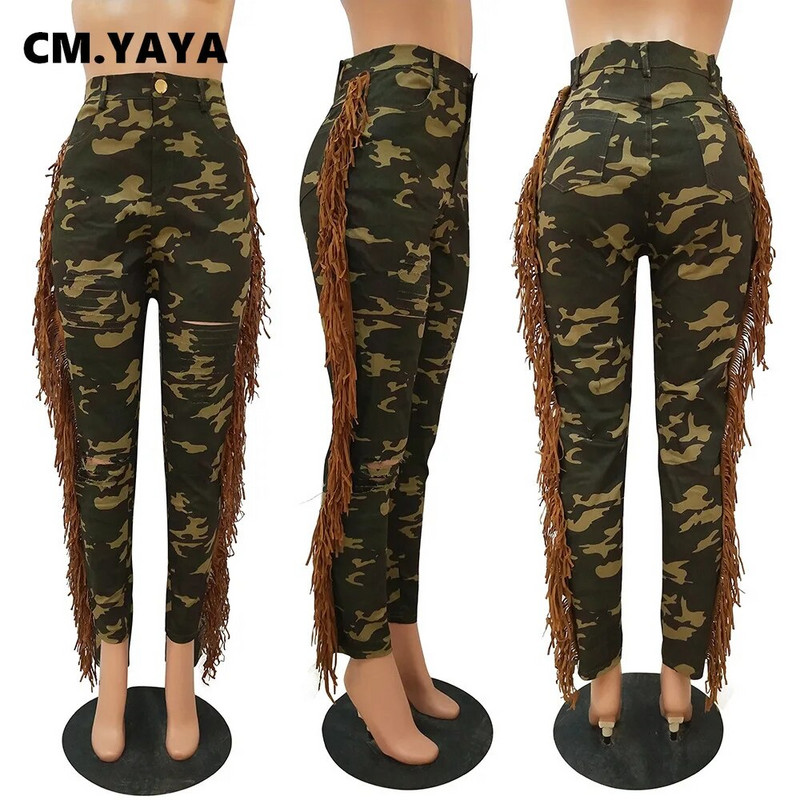 CM.YAYA Moteriški kamufliažiniai kutai, šoniniai sujungimai, užtrauktukas, suplėšyti džinsai, elegantiški madingi džinsiniai kelnės kelnės