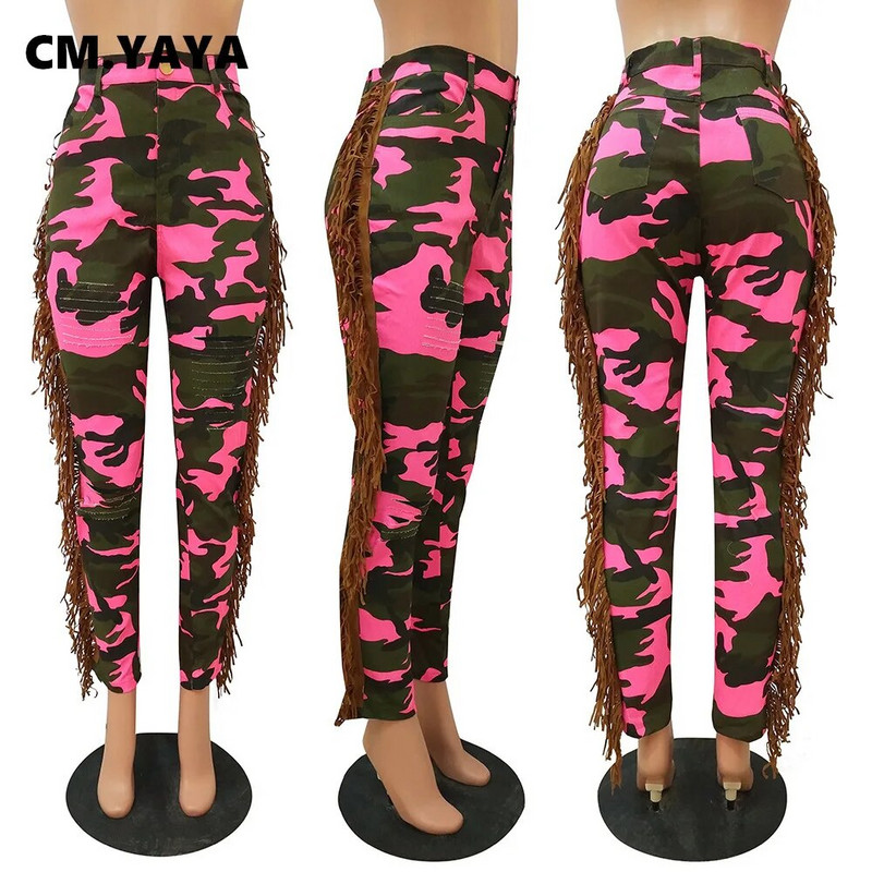 CM.YAYA Moteriški kamufliažiniai kutai, šoniniai sujungimai, užtrauktukas, suplėšyti džinsai, elegantiški madingi džinsiniai kelnės kelnės