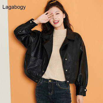 Lagabogy дамско кожено яке от PU, едноредно късо мотоциклетно пънк палто, женско свободно бомбардировъчно облекло от изкуствена кожа
