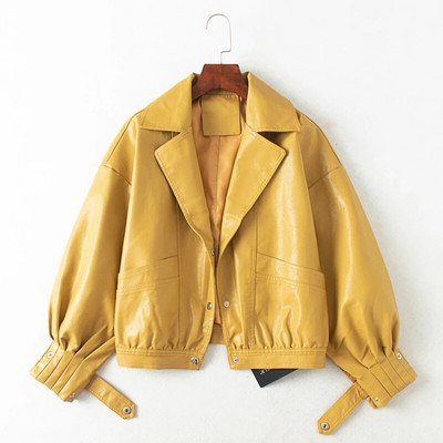 Lagabogy ženska jakna od PU kože s jednorednim kopčanjem, kratki motociklistički punk kaput, ženski dugih rukava, labava bombaška odjeća od umjetne kože