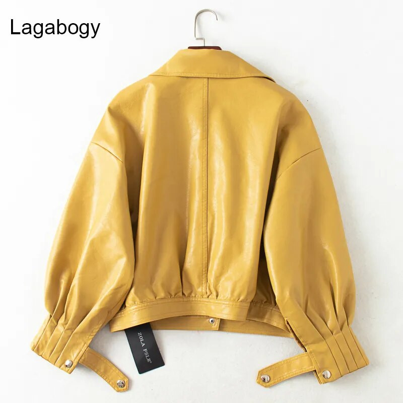 Lagabogy ženska jakna od PU kože s jednorednim kopčanjem, kratki motociklistički punk kaput, ženski dugih rukava, labava bombaška odjeća od umjetne kože