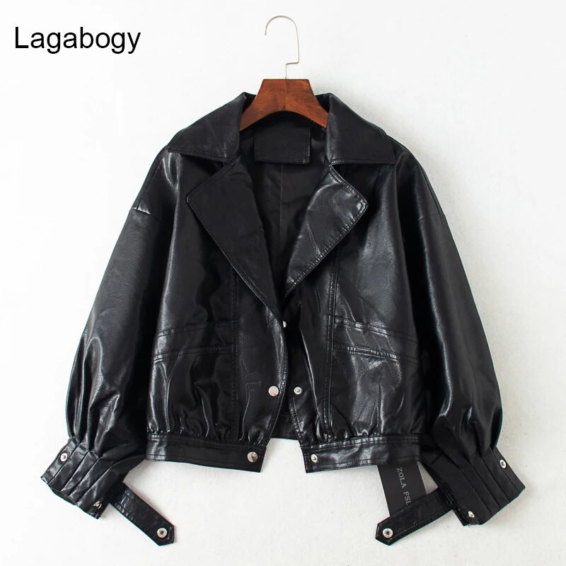 Lagabogy ženska jakna od PU kože s jednorednim kopčanjem, kratki motociklistički punk kaput, ženski dugih rukava, labava bombaška odjeća od umjetne kože