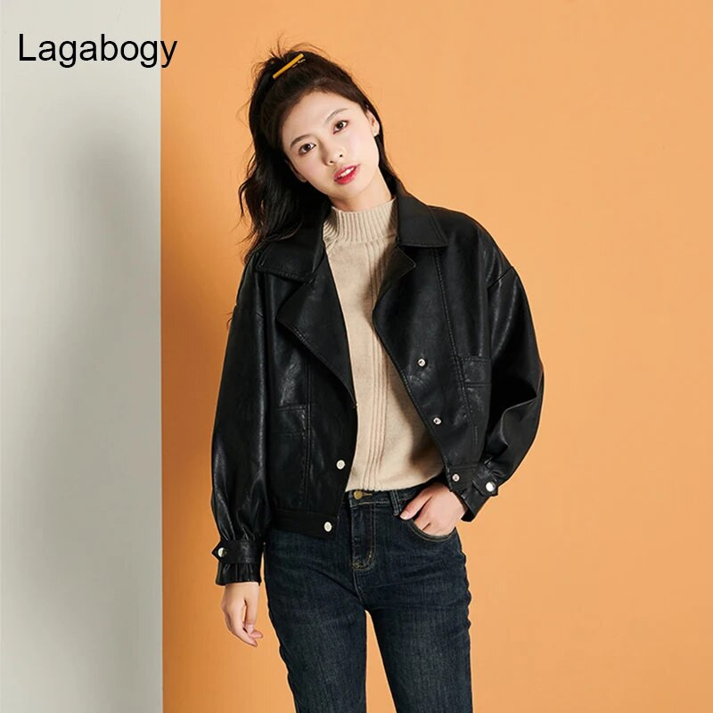Lagabogy ženska jakna od PU kože s jednorednim kopčanjem, kratki motociklistički punk kaput, ženski dugih rukava, labava bombaška odjeća od umjetne kože