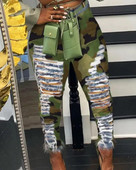 Prašmatnus kamufliažinis raštas, iškirptas kutais, džinsai aukštu juosmeniu siauros kelnės Kasdieninės laisvalaikio džinsinės kelnės nakčiai