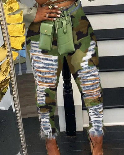 Prašmatnus kamufliažinis raštas, iškirptas kutais, džinsai aukštu juosmeniu siauros kelnės Kasdieninės laisvalaikio džinsinės kelnės nakčiai