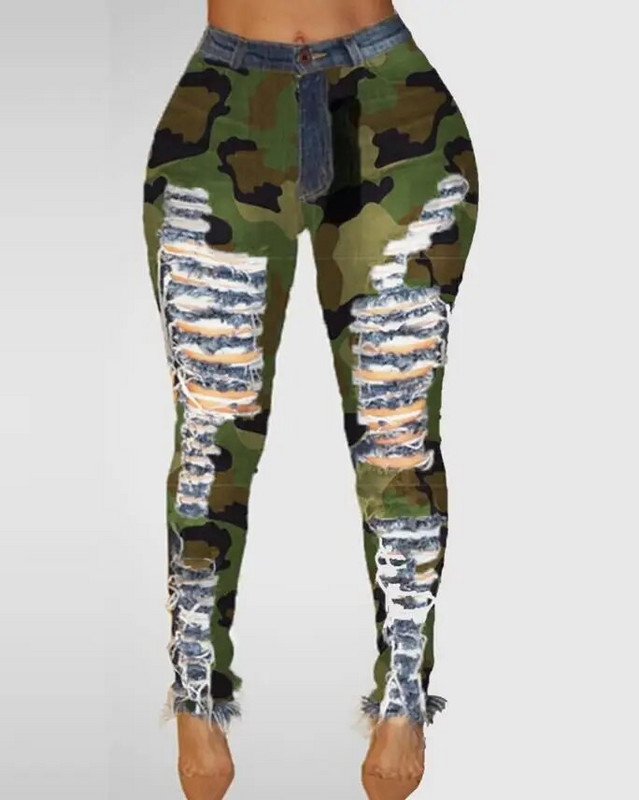 Prašmatnus kamufliažinis raštas, iškirptas kutais, džinsai aukštu juosmeniu siauros kelnės Kasdieninės laisvalaikio džinsinės kelnės nakčiai