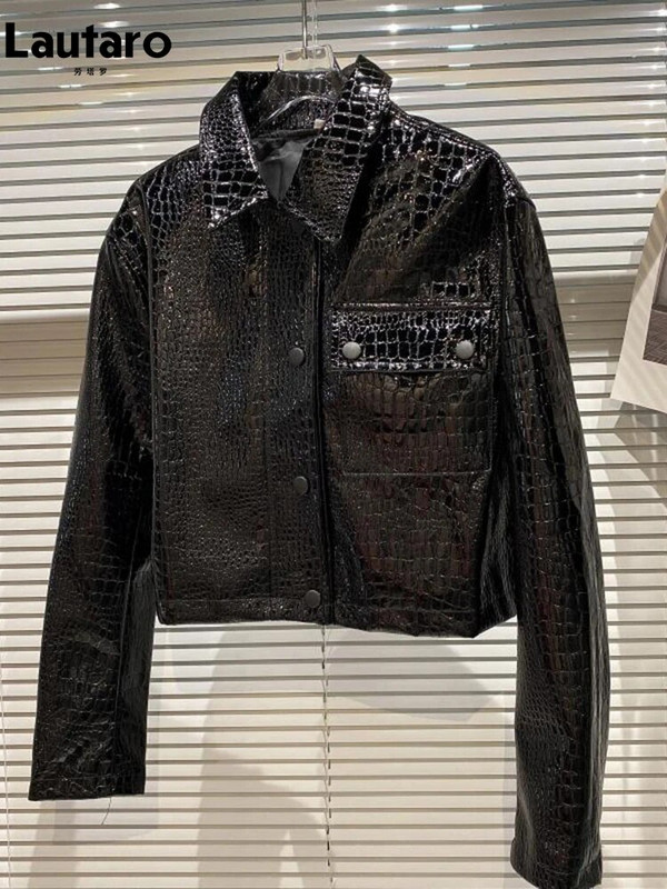 Lautaro proljeće jesen cool kratka crna sjajna reflektirajuća lakirana jakna od pu kože s krokodilskim printom, ženska modna jakna dugih rukava 2023.