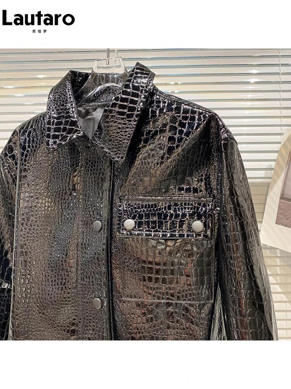 Lautaro proljeće jesen cool kratka crna sjajna reflektirajuća lakirana jakna od pu kože s krokodilskim printom, ženska modna jakna dugih rukava 2023.