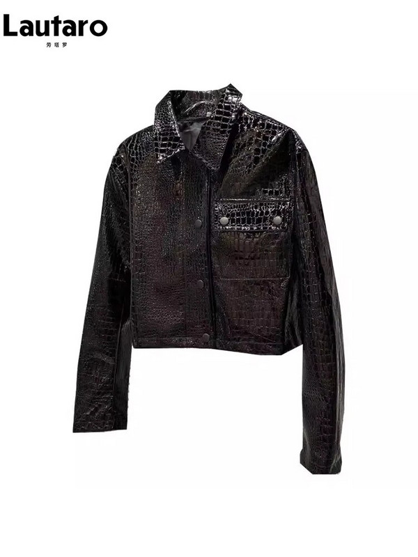 Lautaro proljeće jesen cool kratka crna sjajna reflektirajuća lakirana jakna od pu kože s krokodilskim printom, ženska modna jakna dugih rukava 2023.