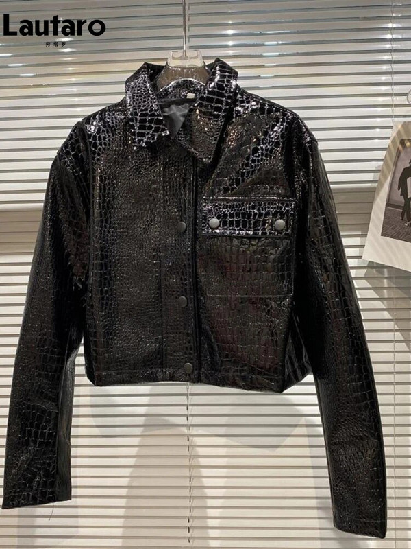 Lautaro proljeće jesen cool kratka crna sjajna reflektirajuća lakirana jakna od pu kože s krokodilskim printom, ženska modna jakna dugih rukava 2023.
