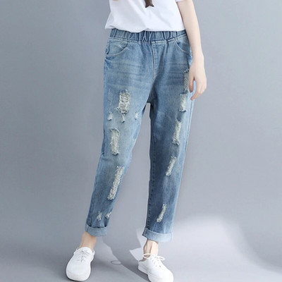 Plyšę skylutę džinsai Moteriški pavasario mados elastingas juosmuo vientisos spalvos vintažinės džinsinės kelnės Laisvos, universalios, kulkšnies ilgio kelnės