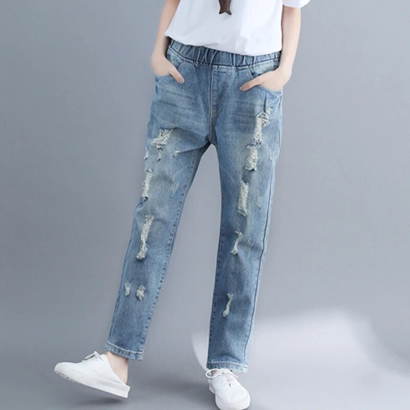Plyšę skylutę džinsai Moteriški pavasario mados elastingas juosmuo vientisos spalvos vintažinės džinsinės kelnės Laisvos, universalios, kulkšnies ilgio kelnės