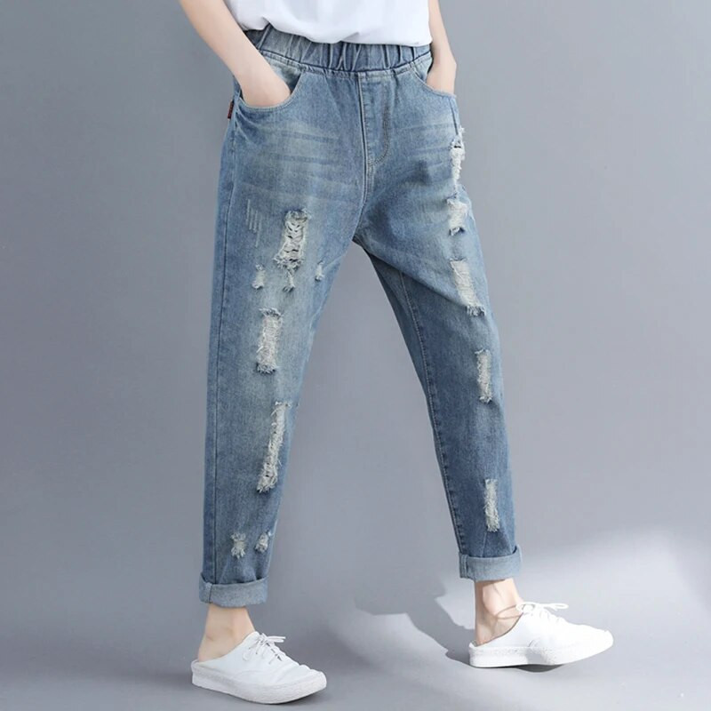Plyšę skylutę džinsai Moteriški pavasario mados elastingas juosmuo vientisos spalvos vintažinės džinsinės kelnės Laisvos, universalios, kulkšnies ilgio kelnės