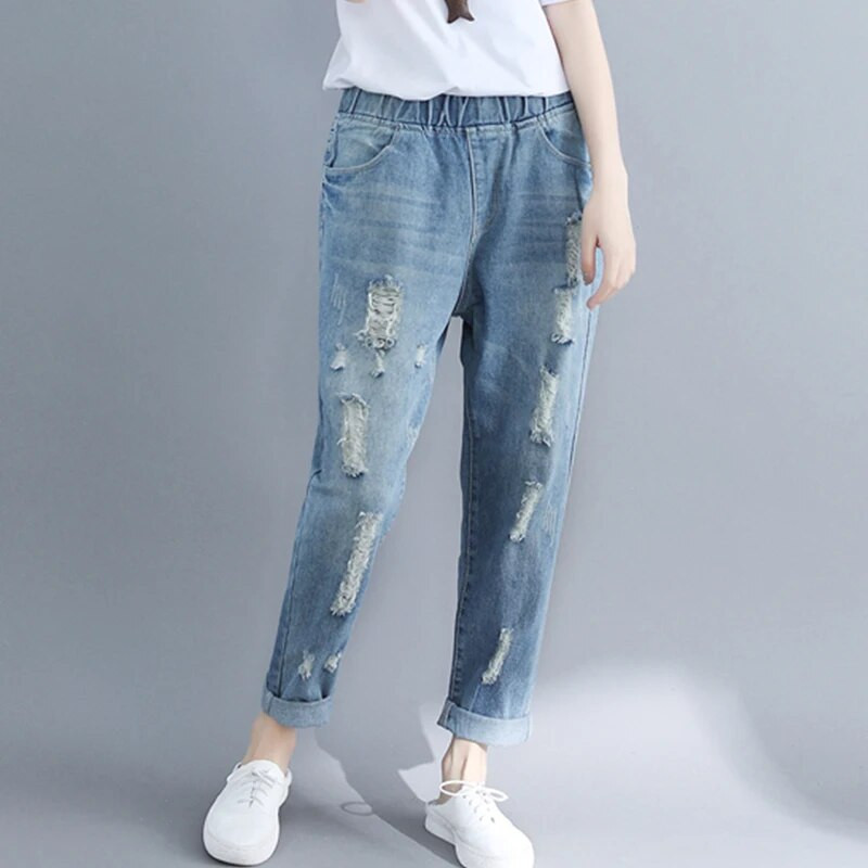 Plyšę skylutę džinsai Moteriški pavasario mados elastingas juosmuo vientisos spalvos vintažinės džinsinės kelnės Laisvos, universalios, kulkšnies ilgio kelnės