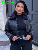 T MODA Φθινοπωρινή γυναικεία μόδα Ζεστό συνθετικό δέρμα Μαύρο κοντό παλτό σακάκι Vintage μακρυμάνικο τσεπάκι γυναικεία κομψά εξωτερικά ενδύματα