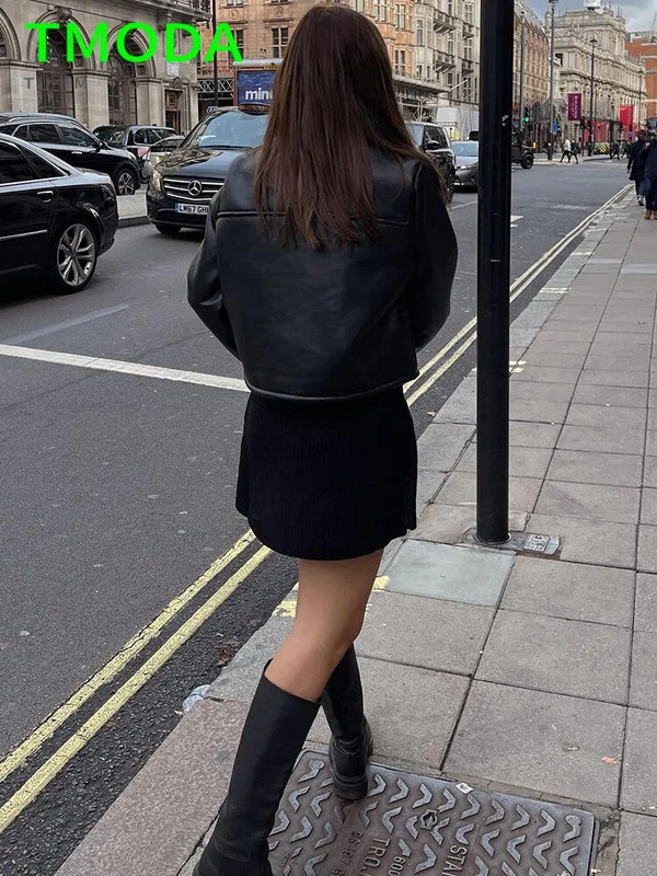 T MODA Φθινοπωρινή γυναικεία μόδα Ζεστό συνθετικό δέρμα Μαύρο κοντό παλτό σακάκι Vintage μακρυμάνικο τσεπάκι γυναικεία κομψά εξωτερικά ενδύματα