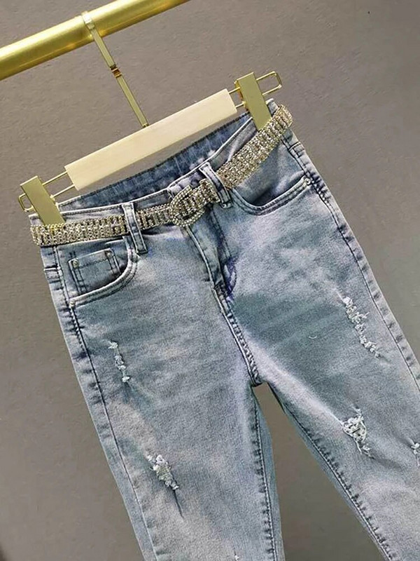 DEAT Naiste teksad kõrge vöökohaga ühevärvilised õhukesed tutid teemandid vöö denim pahkluuni ulatuvad pliiatsipüksid2023 suvine uus mood 29L1698