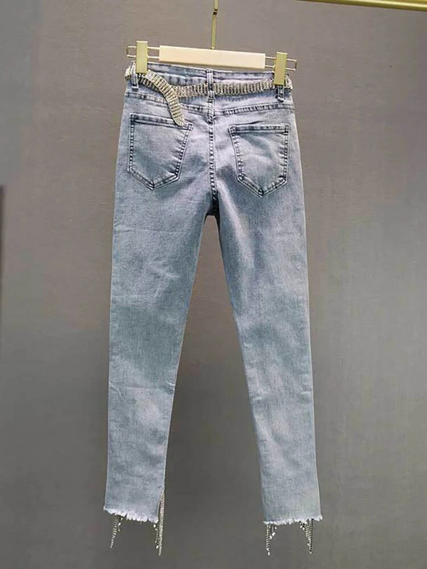 DEAT Naiste teksad kõrge vöökohaga ühevärvilised õhukesed tutid teemandid vöö denim pahkluuni ulatuvad pliiatsipüksid2023 suvine uus mood 29L1698