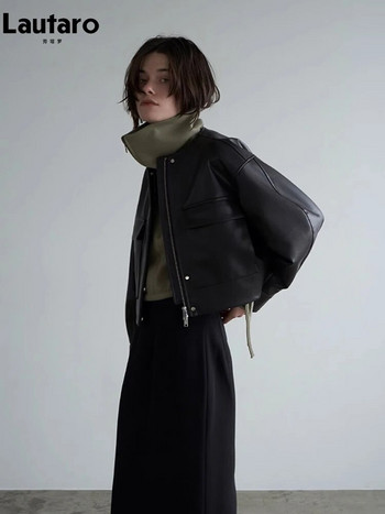 Lautaro Φθινοπωρινό δροσερό υπερμεγέθη κοντό μαύρο μαλακό δερμάτινο μπουφάν Γυναικείο μπουφάν με μπροστινές τσέπες μακριά μανίκια πολυτελή ρούχα σχεδιαστών