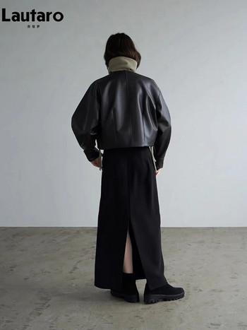 Lautaro Φθινοπωρινό δροσερό υπερμεγέθη κοντό μαύρο μαλακό δερμάτινο μπουφάν Γυναικείο μπουφάν με μπροστινές τσέπες μακριά μανίκια πολυτελή ρούχα σχεδιαστών