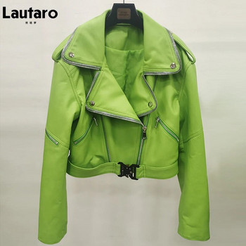 Lautaro Есенно късо зелено велосипедистко яке от мека изкуствена кожа Дамско яке с дълъг ръкав и колан с цип Дизайнер на европейска и американска мода