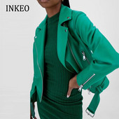 Zelena ženska proljetna jesen kožna jakna u korejskom stilu Kratka motoristička jakna s patentnim zatvaračem PU kaput Ženska odjeća INKEO 2O031