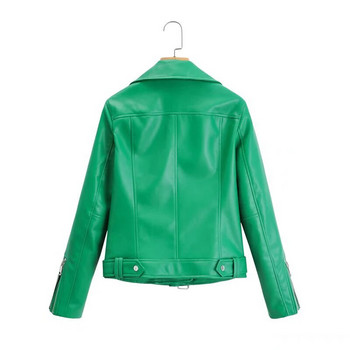 Πράσινο Γυναικείο φθινοπωρινό δερμάτινο μπουφάν Κορεατικού στυλ Κοντό φερμουάρ μπουφάν μοτοσικλέτας παλτό PU Γυναικεία Ρούχα INKEO 2O031