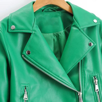Πράσινο Γυναικείο φθινοπωρινό δερμάτινο μπουφάν Κορεατικού στυλ Κοντό φερμουάρ μπουφάν μοτοσικλέτας παλτό PU Γυναικεία Ρούχα INKEO 2O031