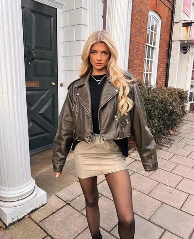 Vintage vaba rihmaga nahast lühike jope naistele Keerulise kraega Tänavarõivad Naiste tõmblukuga Retro Moto Biker Outwear Topid