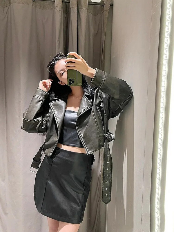 Vintage vaba rihmaga nahast lühike jope naistele Keerulise kraega Tänavarõivad Naiste tõmblukuga Retro Moto Biker Outwear Topid